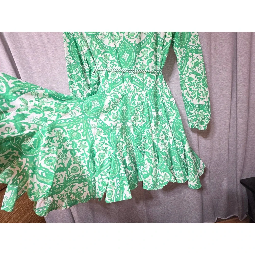 Zara Green White Damask Paisley Print Mini Shirt Dress Braided Belt Womens Sz M - Picture 3 of 8